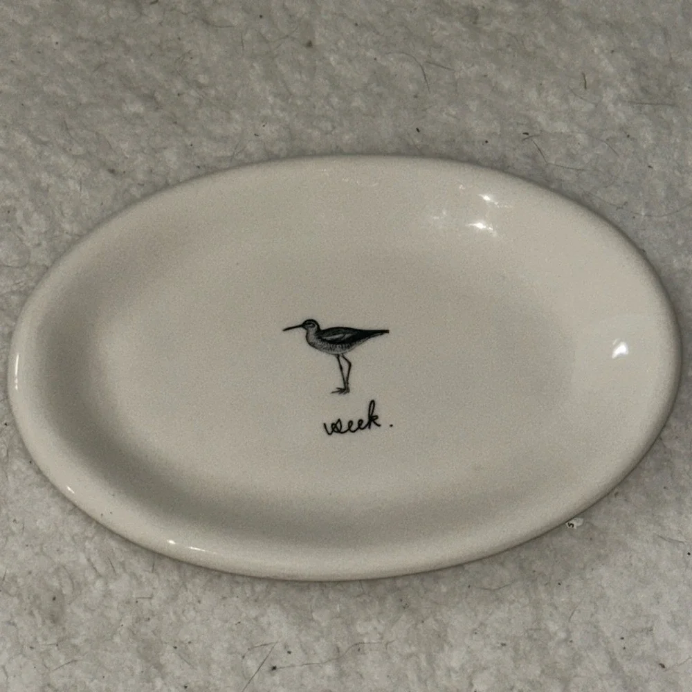 Rae Dunn Seek Sandpiper Bird Ceramic Trinket Dish Oval White Magenta‎ Artisan